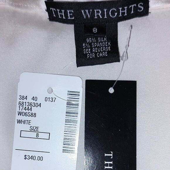 THE WRIGHTS TANK TOP SILK SPANDEX TWIST NECK CENTER ROSETTE SLVLS WHITE SZ 8 NWT - Picture 4 of 11